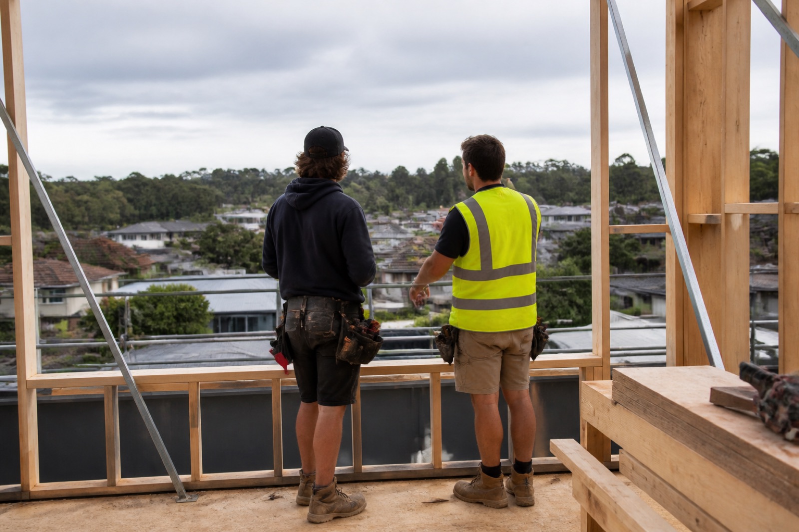 Trades on a timber frame, looking at the work